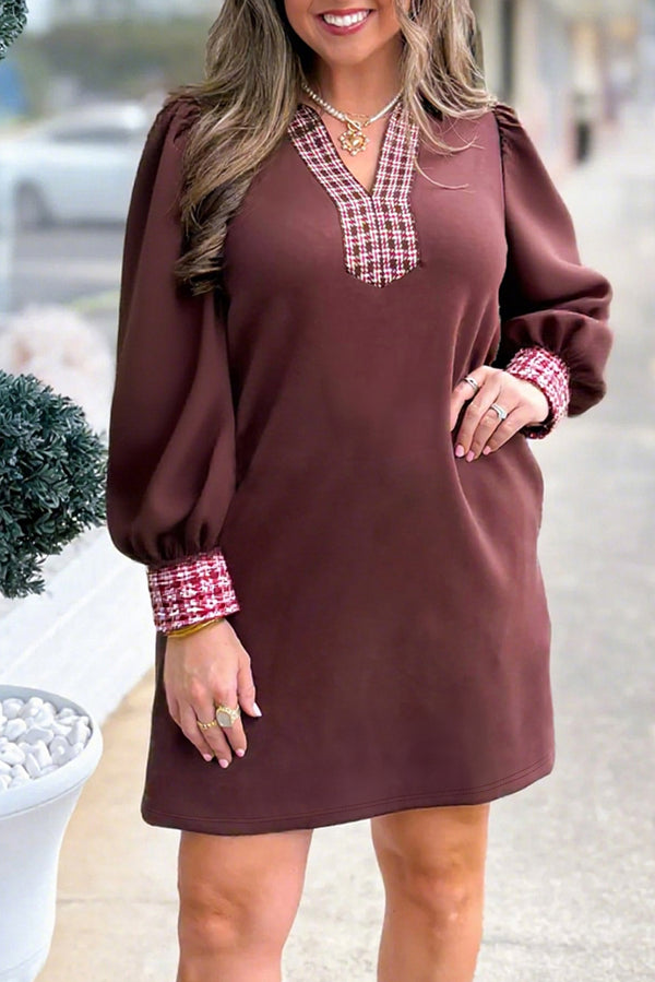 Coffee Contrast Plaid Trim Patchwork Collared Plus Size Mini Dress