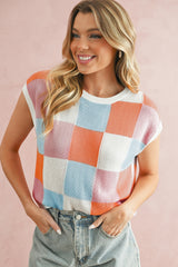 Fiery Red Checkered Color Block Cap Sleeve Knitted Top