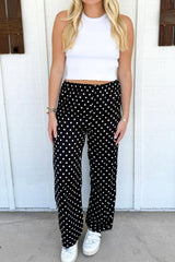 Black Polka Dot Print Elastic Waist Lace Hem Loose Pants