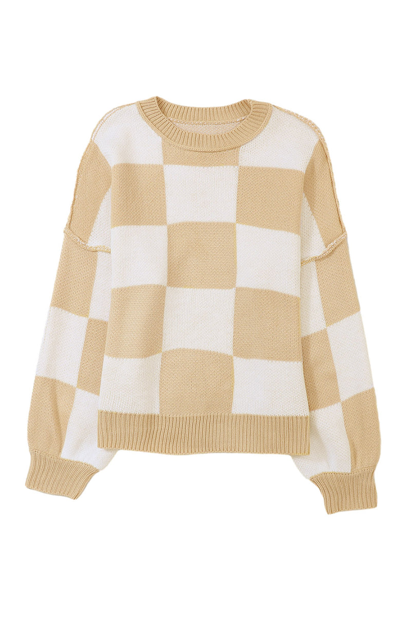Pink Checked Bishop Sleeve Pullover Sweater