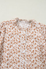 Khaki Printed Floral Print Lace Detail Puff Sleeve Fall Shirt