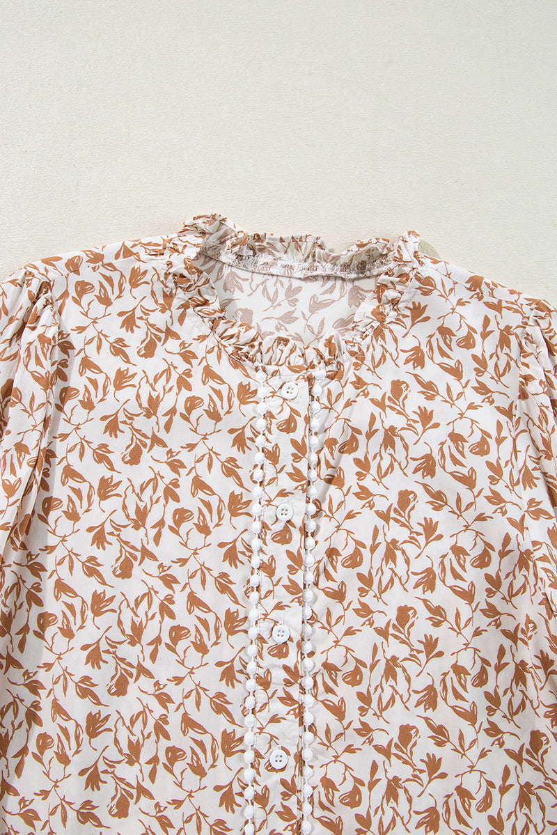 Khaki Printed Floral Print Lace Detail Puff Sleeve Fall Shirt