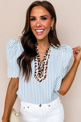 Sky Blue Stripe Ricrac Trim Short Puff Sleeve Leopard Patchwork Collar V Neck Blouse