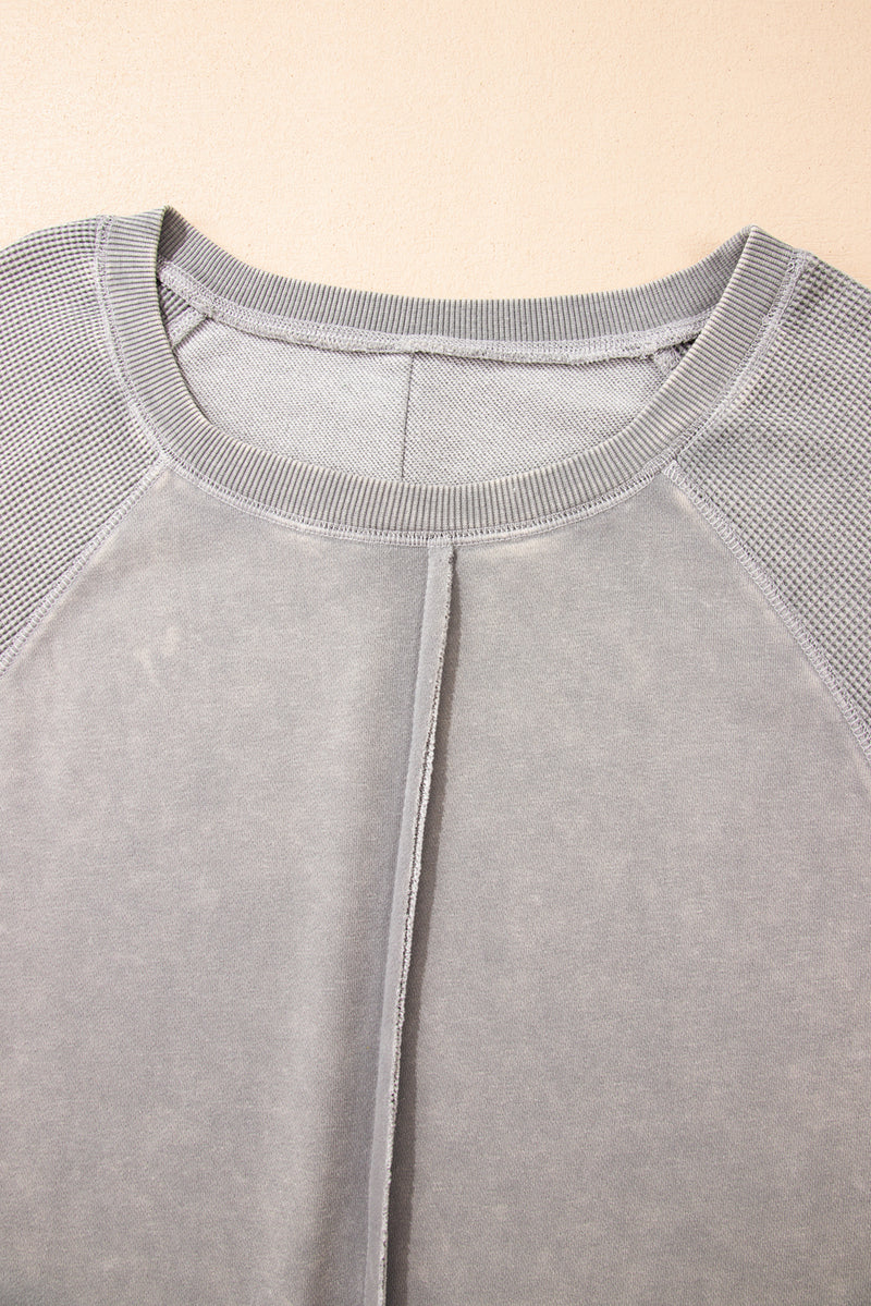 Black Solid Waffle Knit Patchwork Raglan Sleeve Sweatshirt