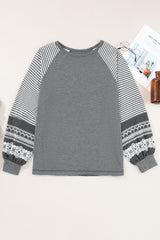 Tillandsia Purple Contrast Print Striped Raglan Long Sleeve Loose Top