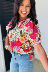 Rose Striped Trim Collared V Neck Short Sleeve Floral Print Blouse