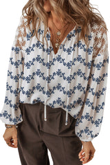 Blue Lace Patchwork Floral Bubble Sleeve V Split Neck Blouse