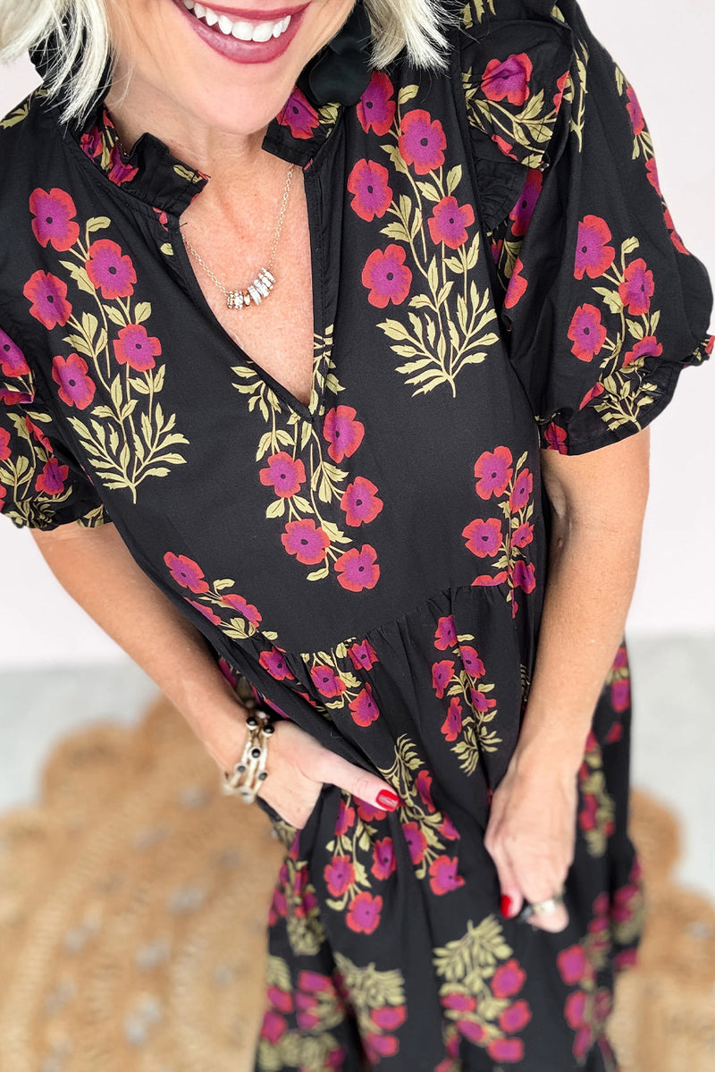 Black Floral Short Bubble Sleeve Tiered Maxi Dress