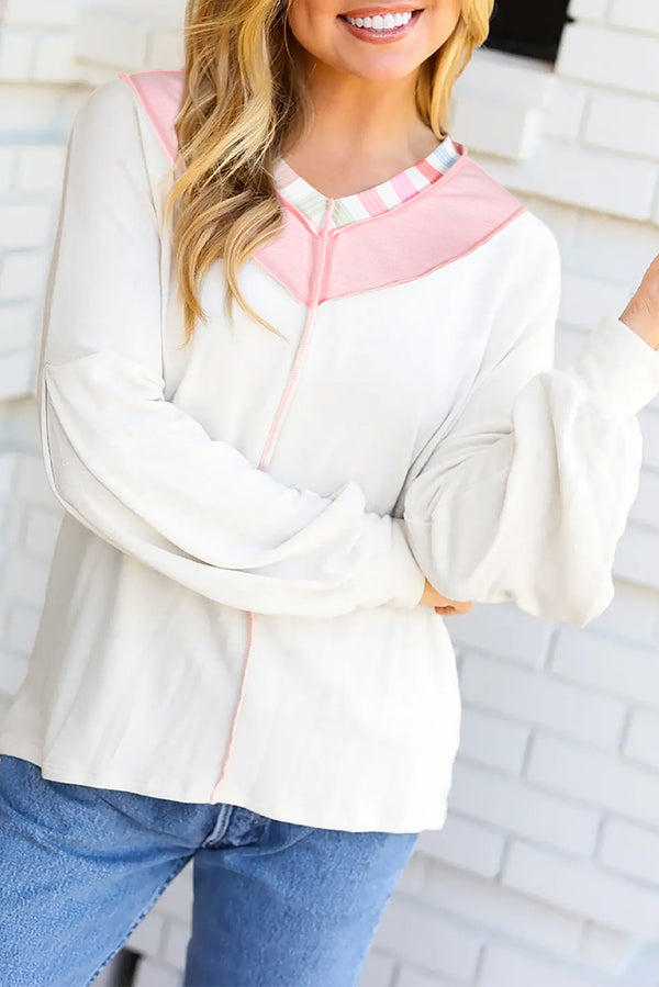 White Rainbow Striped V Neck Colorblock French Terry Top