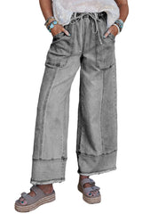 Prussian Blue Drawstring Seam Detail Raw Hem Wide Leg Jeans