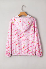 Pink Floral Print Half Zip Kangaroo Pouch Drawstring Hoodie