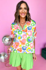 Green Abstract Leopard V Neck Short Sleeve Blouse