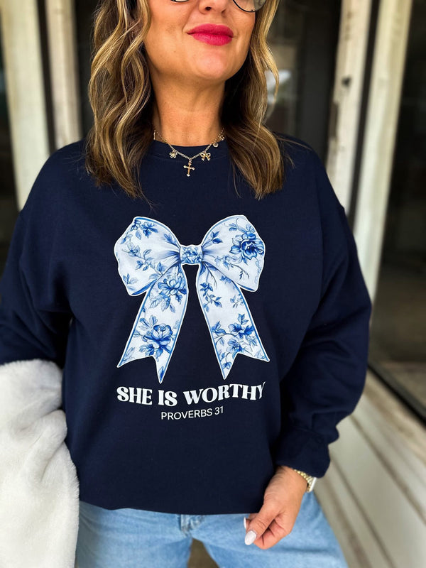 She is Worthy Navy Sweatshirt