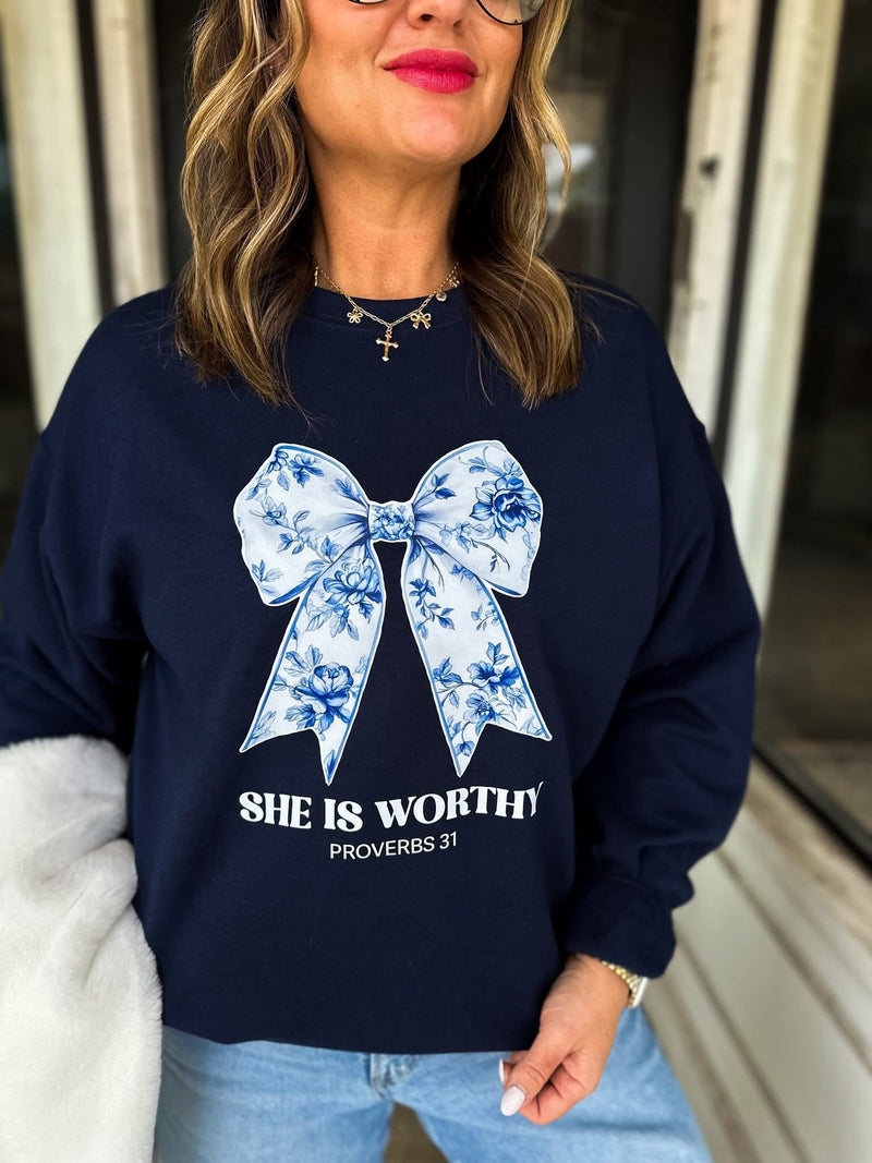 She is Worthy Navy Sweatshirt
