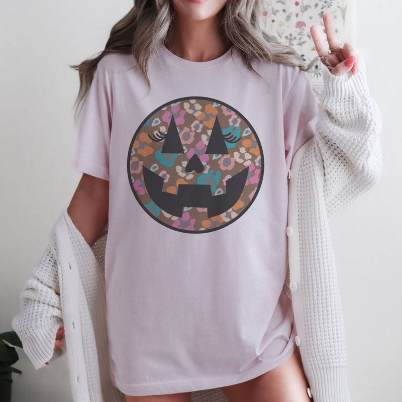 Leopard Smiley Pumpkin Face tee (adult/Youth)