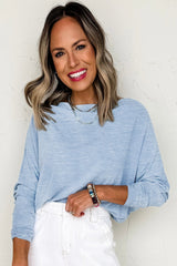 Beau Blue Solid Color Boat Neck Batwing Long Sleeve Top