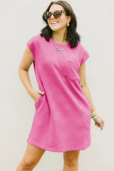 Black Plain Textured Pocketed Cap Sleeve Mini Dress