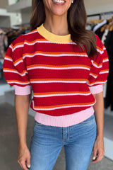 Red Stripe Colorblock Trim Half Sleeve Sweater Top