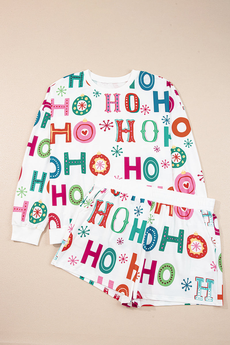 White Plus Size Christmas Ho Ho Ho Print Long Sleeve Top and Shorts Pajama Set