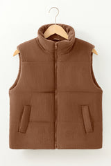 Beige Corduroy Stand Neck Zipped Puffer Vest