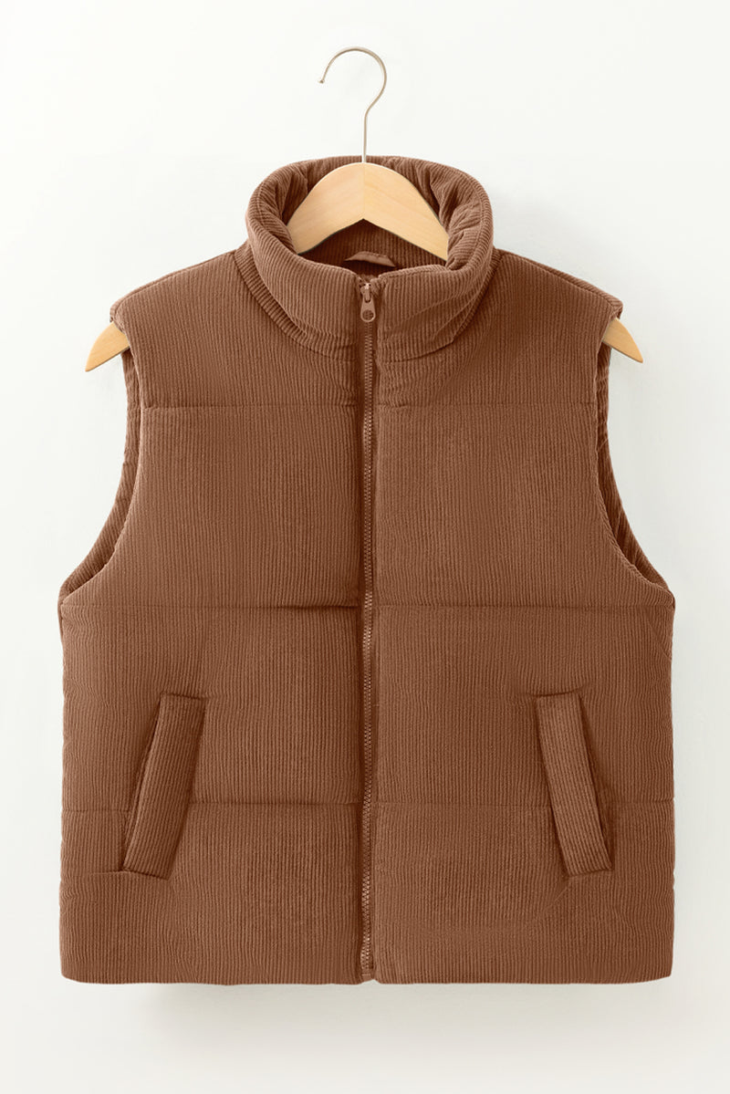 Beige Corduroy Stand Neck Zipped Puffer Vest