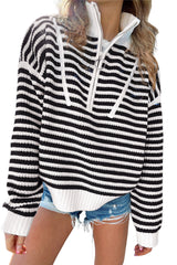Sky Blue Stripe Zip up Collar Drop Shoulder Sweater