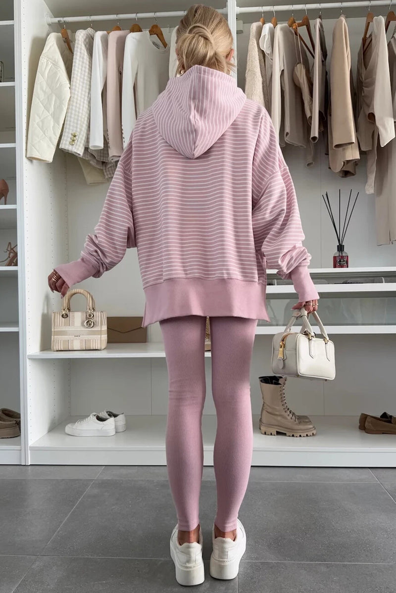 Purple Stripe Thumbhole Side Slits Drop Shoulder Loose Fit Hoodie