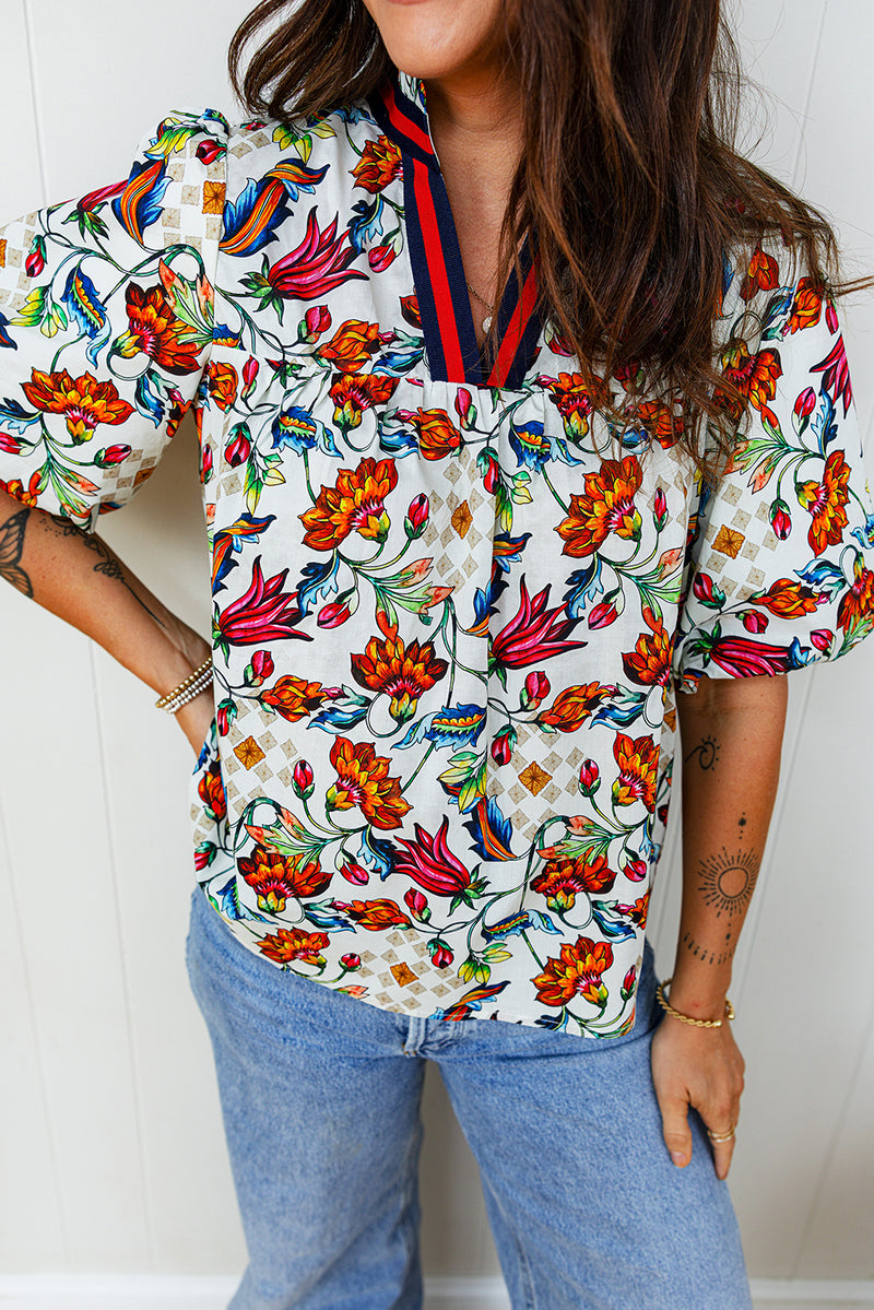 Multicolour Contrasted V Neckline Floral Puff Short Sleeve Blouse