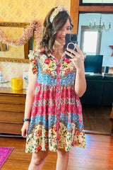 Rose Floral Ethnic Print Ruffle Mini Dress