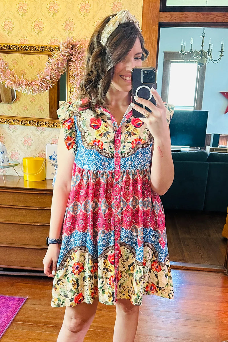 Rose Floral Ethnic Print Ruffle Mini Dress