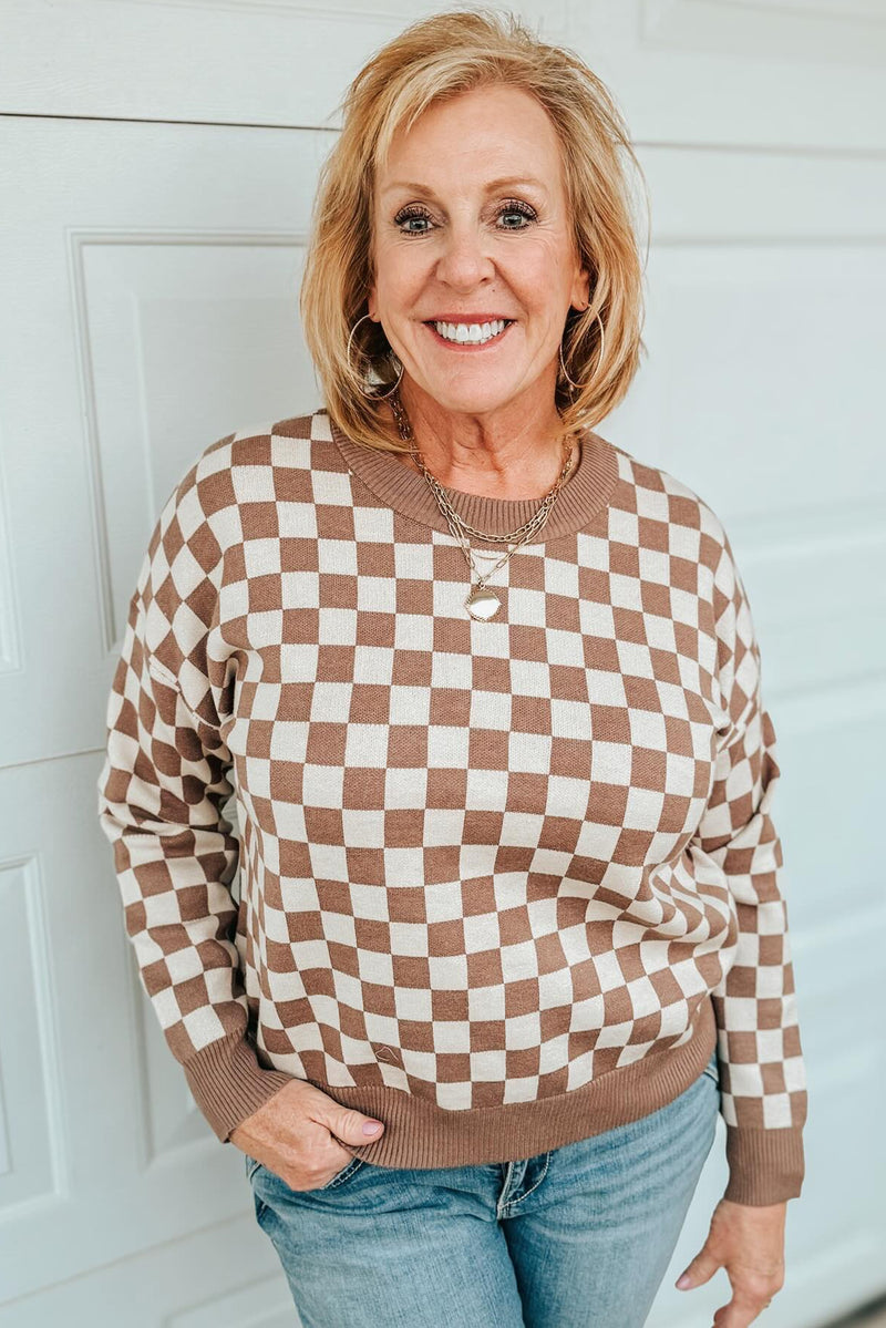Brown Checkered Contrast Edge Plus Size Sweater