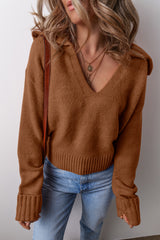 Racing Red Ribbed Edge Collared V Neck Loose Fit Sweater