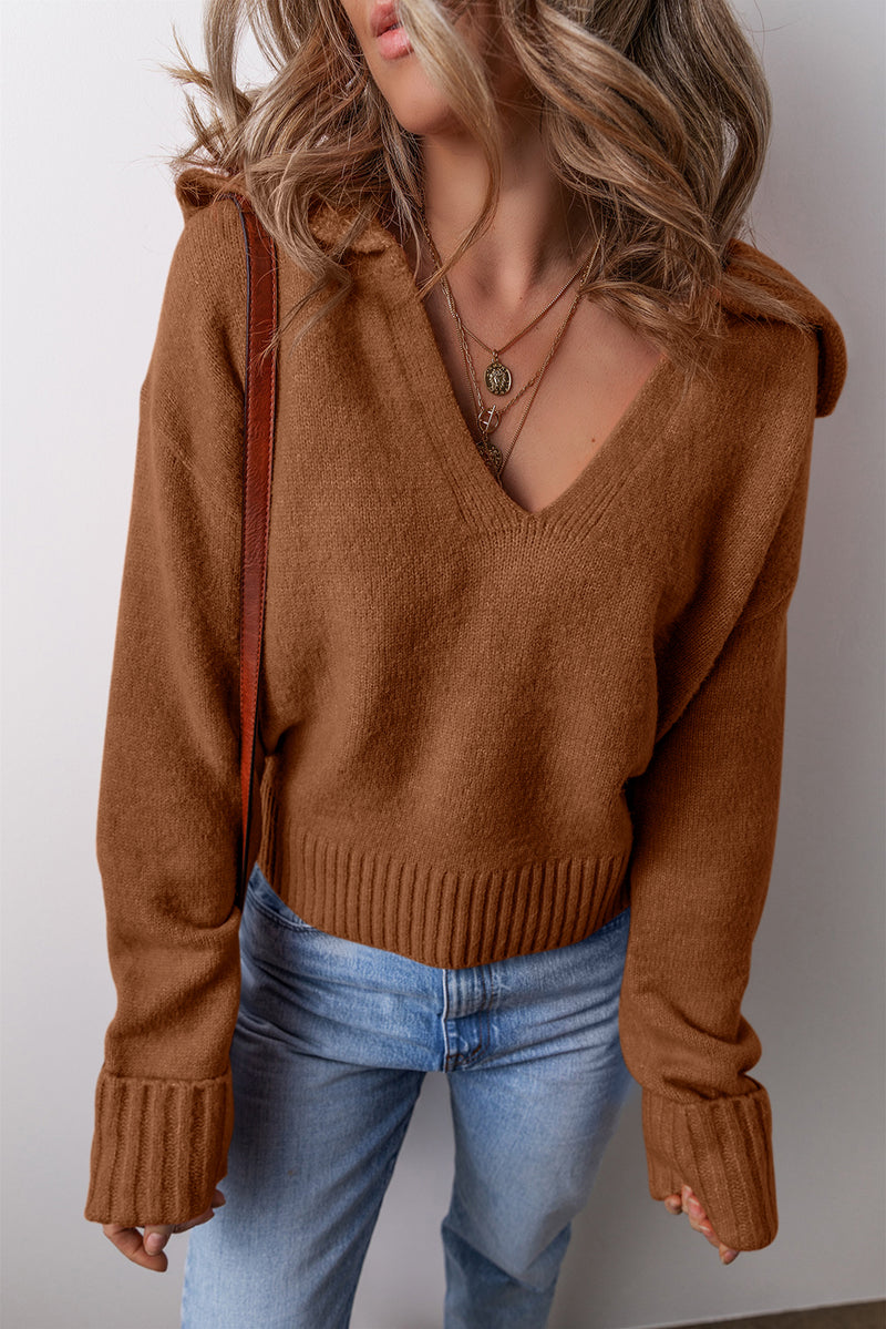 Racing Red Ribbed Edge Collared V Neck Loose Fit Sweater