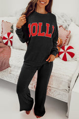Black Crinkle Rib JOLLY Pattern Long Sleeve Top and Pockets Pants Set