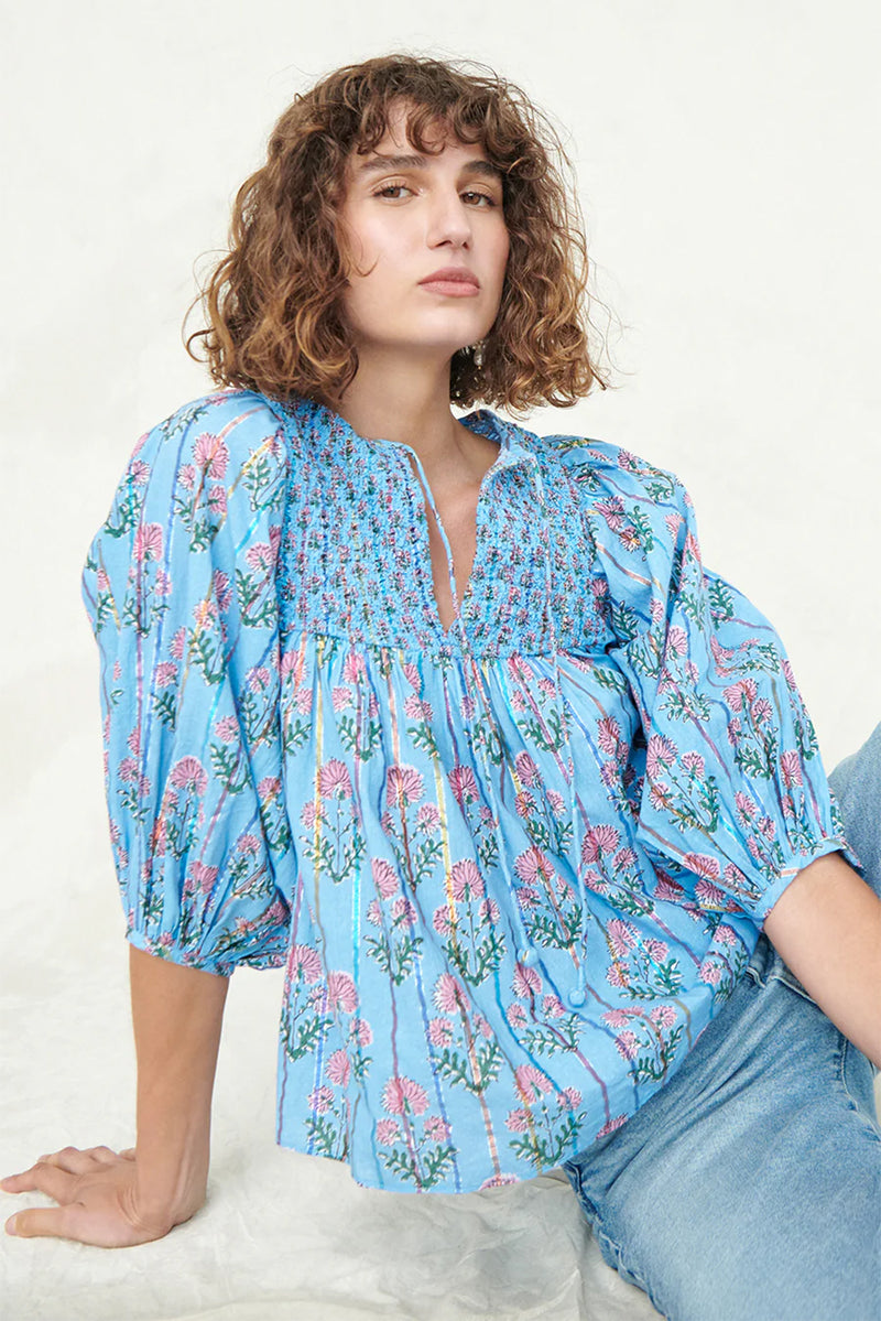 Sky Blue Floral Striped Smocked V Neck Blouse