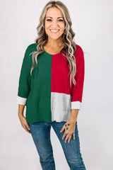 Chestnut Color Block Knit V Neck Loose Sweater