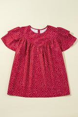 Laurel Green Spotted Print Pleated Ruffle Sleeve Blouse