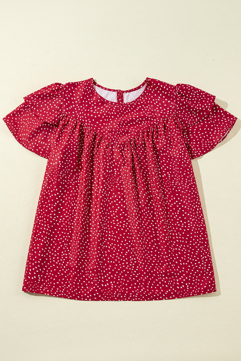 Laurel Green Spotted Print Pleated Ruffle Sleeve Blouse