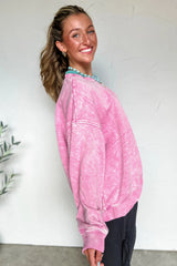 Bright Pink Mineral Wash Crossed Crew Neck Drop Shoulder Loose Sweatshirt