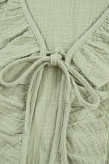 Meadow Mist Green Bow Tie Front Ruffle Trim V Neck Long Sleeve Blouse
