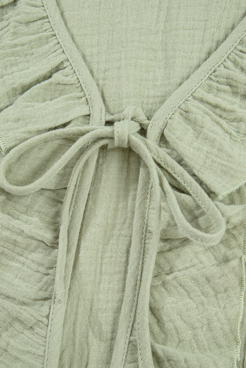 Meadow Mist Green Bow Tie Front Ruffle Trim V Neck Long Sleeve Blouse