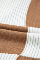 Khaki Checkered Pattern Button V Neck Ribbed Knit Cardigan