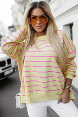 Blue Striped Overlap Detail Drop Shoulder Pullover Sweatshirt