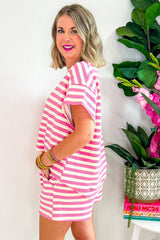 Rose Stripe Crew Neck T Shirt and Drawstring Shorts Set