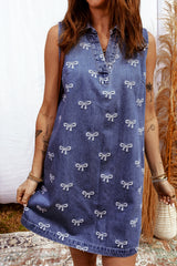 Sky Blue Bow Collared V Neck Sleeveless Denim Mini Dress with Pockets
