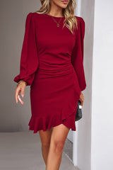 Black Solid Color Puff Sleeve Ruffle Mini Dress