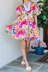 Rose Bright Floral Print Ricrac Trim Striped Patchwork V Neck Dress