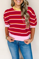 Red Stripe Colorblock Trim Half Sleeve Sweater Top