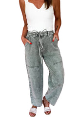 Smoke Gray Acid Wash Barrel Fit Denim Pants with Waist String