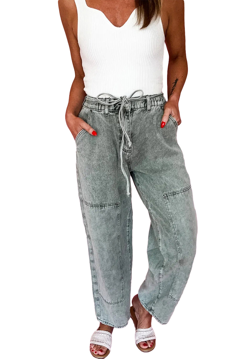 Smoke Gray Acid Wash Barrel Fit Denim Pants with Waist String